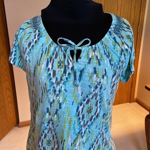 🦄 Sonoma lifestyle cap sleeve tie-Neck patterned top turquoise medium - Picture 2 of 9